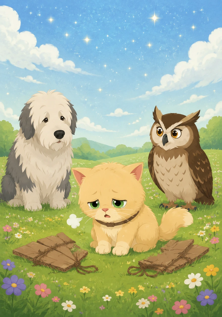 Feeling discouraged, Goldie sat in the middle of the meadow and let out a long, sad sigh while her cardboard wings lay crumpled beside her. She wondered why all her friends were trying to stop her from reaching the beautiful, sparkling sky.