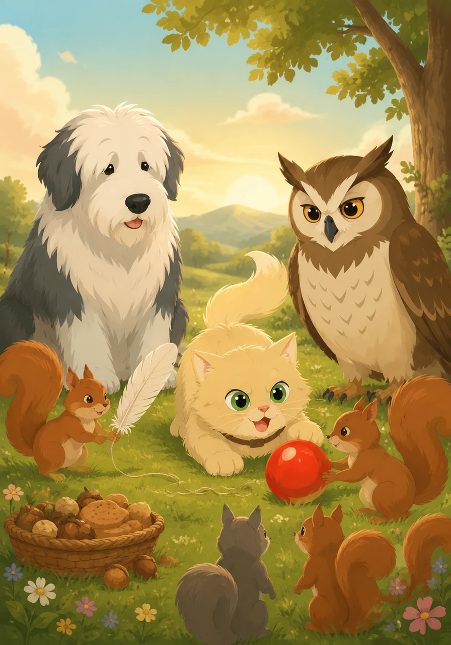 Barnaby, Oliver, and the squirrels gathered around Goldie, bringing her a shiny red ball and a feather on a string to play with. They showed her that while the sky was vast, the ground was full of games, snacks, and friends who loved her just the way she was.