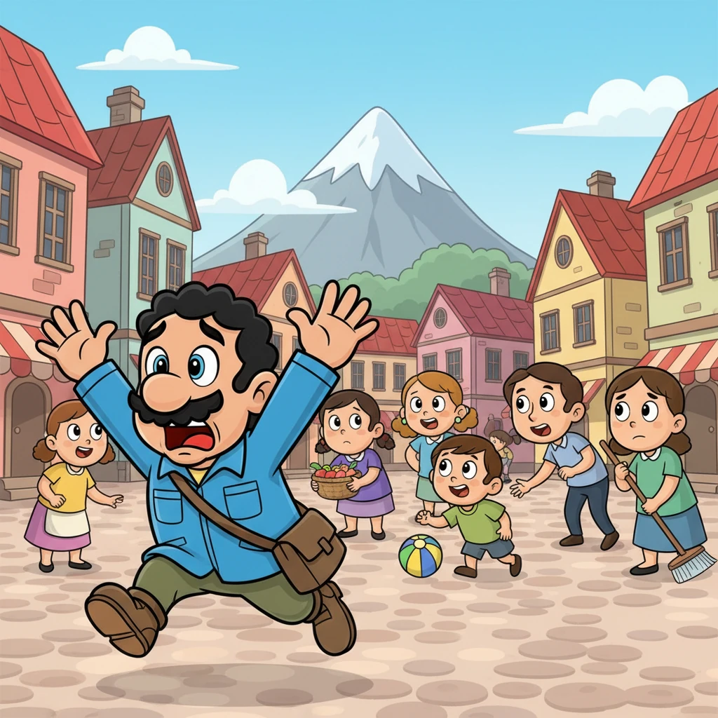 Without a moment's hesitation, Mario raced into the lively town square, his voice booming with urgent alarm. 'Run! The mountain is going to fall!' he cried, his arms waving wildly. Many looked at him strangely, but the fear in his eyes convinced most to listen.