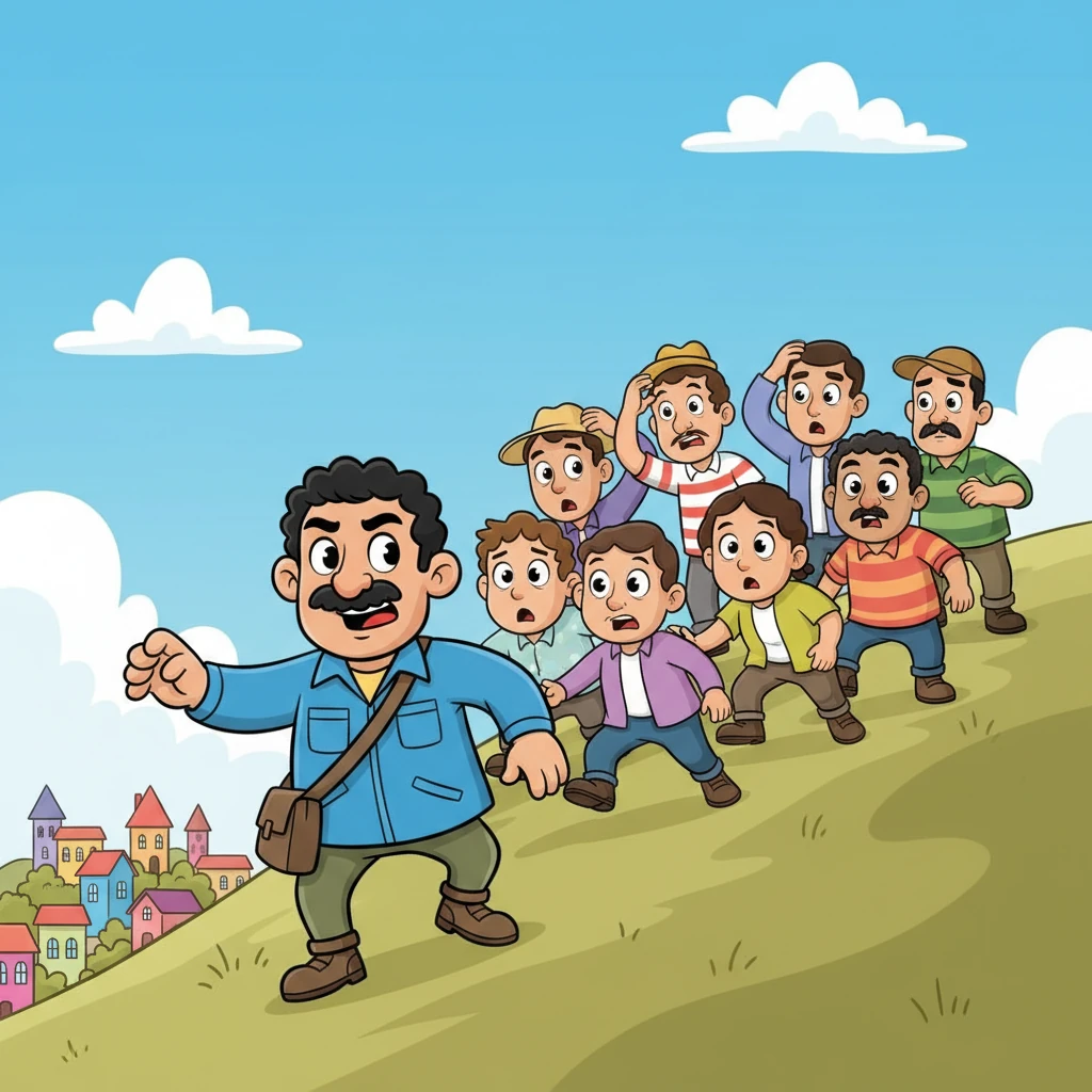 With Mario leading the way, a stream of townspeople, their faces a mix of confusion and fear, began to scramble up the steepest hill away from the town. They hurried, pushed by Mario's unwavering urgency.