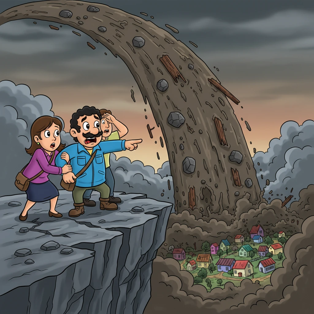 Suddenly, a deafening roar ripped through the air, shaking the very ground beneath their feet. A colossal wave of mud and debris thundered down, swallowing the main town in a choking, dark cloud, but Mario and the others were safe on higher ground.