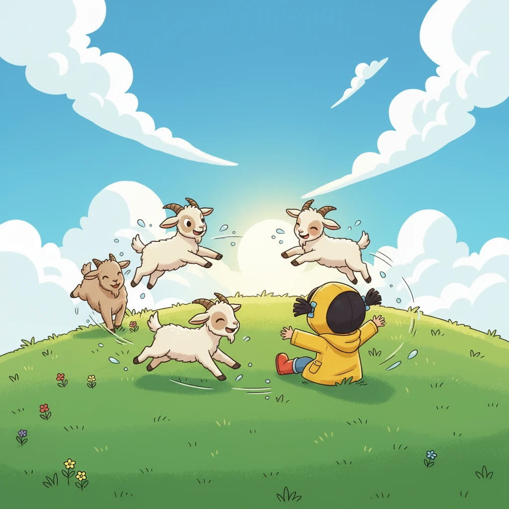 Several cheerful small goats, with their soft white and brown fur, frolic playfully on a vibrant hill. They munch on fresh, dew-kissed grass and chase each other, their tiny hooves barely touching the ground. Laughter and happy bleats fill the air.