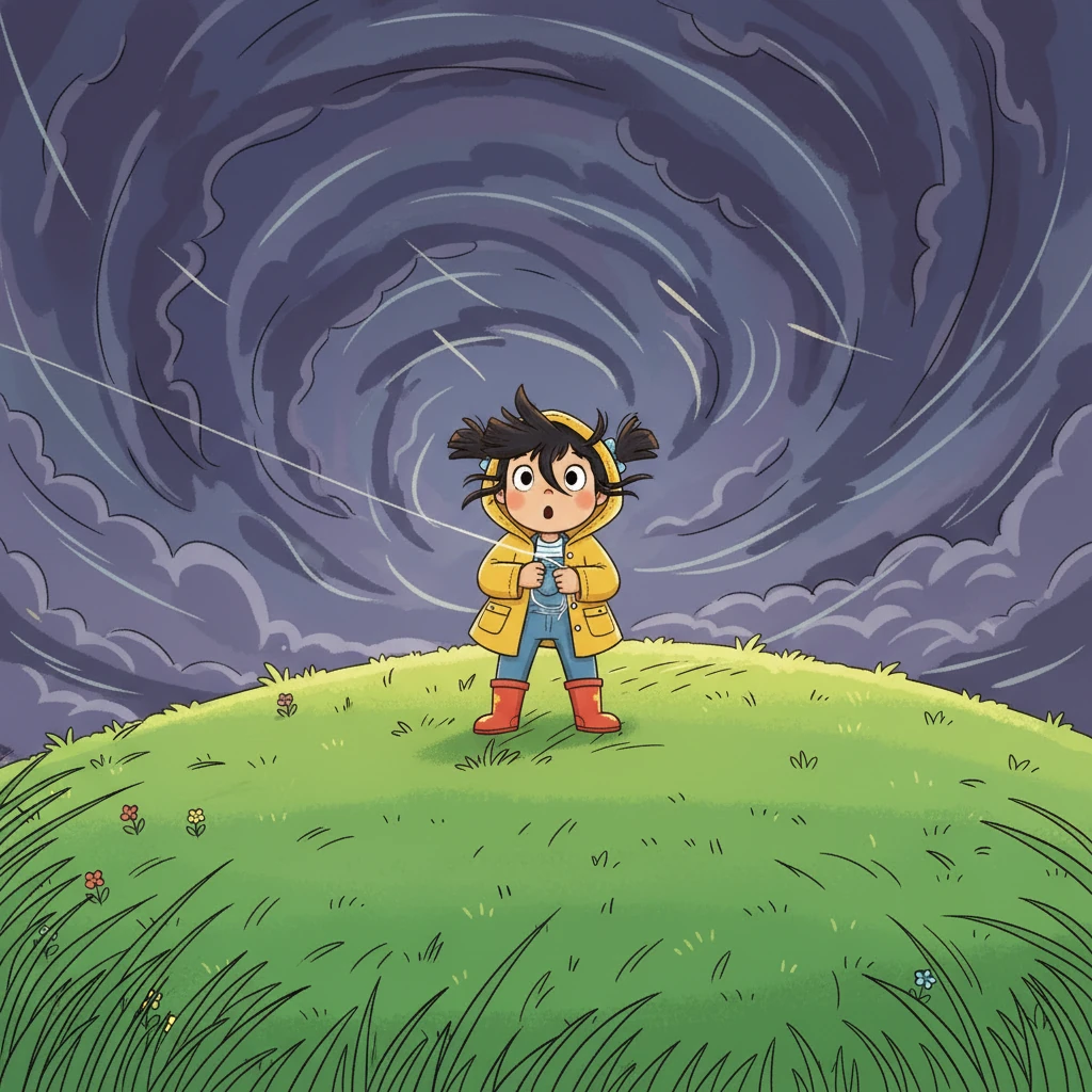 Suddenly, the brilliant blue sky transforms, as dark, ominous black clouds rapidly gather overhead. A strong gust of wind whips through the grass, making the leaves dance wildly. The once cheerful atmosphere quickly turns a bit eerie.