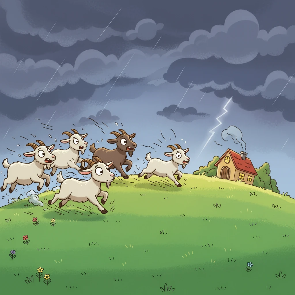 Sensing the impending storm, the group of goats, eyes wide with alarm, turn and rush frantically down the hill. They hurry towards the safety of their cozy, warm house, their little legs a blur. They want to get home before the rain starts.