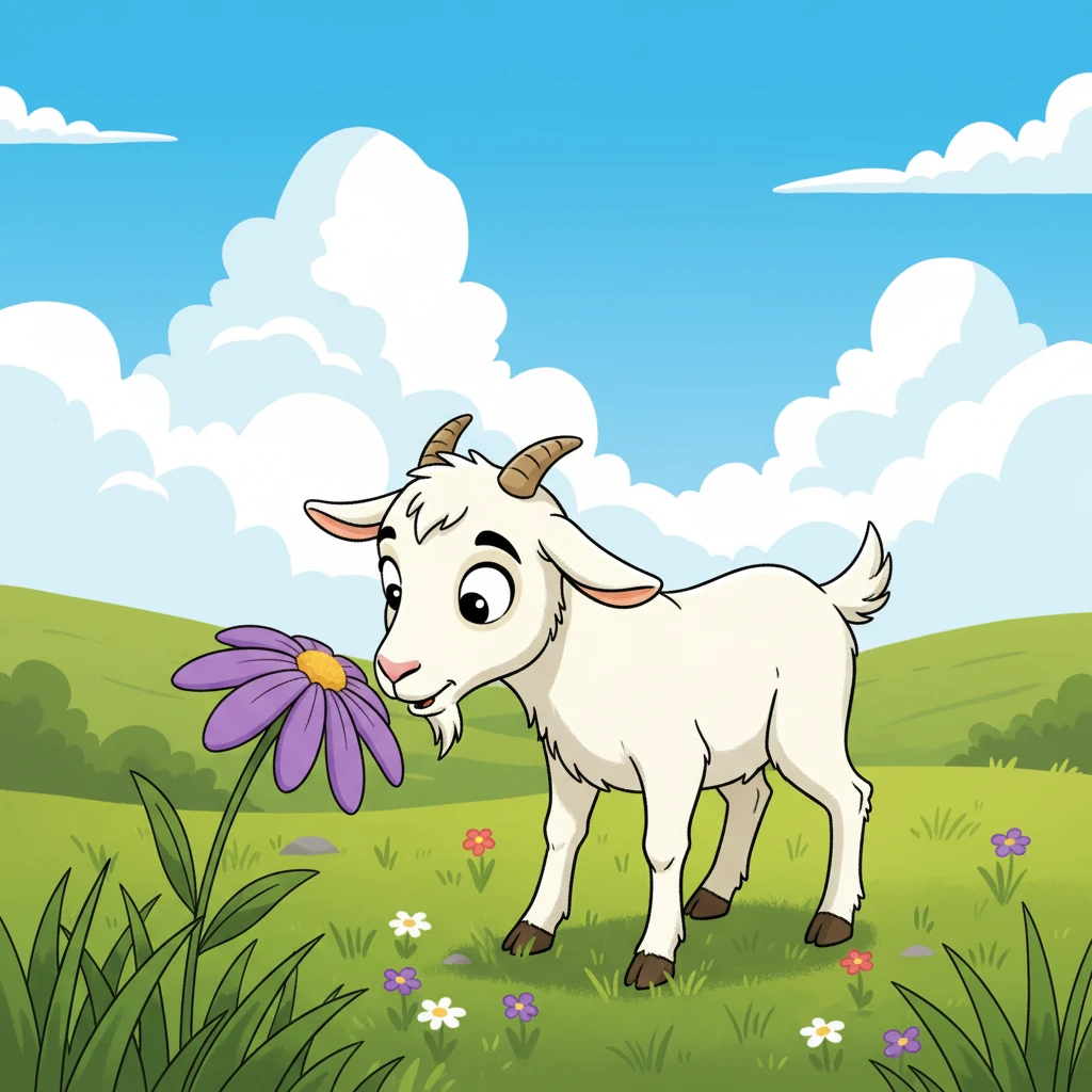 However, a very young goat named Mei, with her bright curious eyes, was a little too busy sniffing a particularly interesting wildflower. She looks up to find herself all alone. The others have disappeared from sight, leaving her behind.
