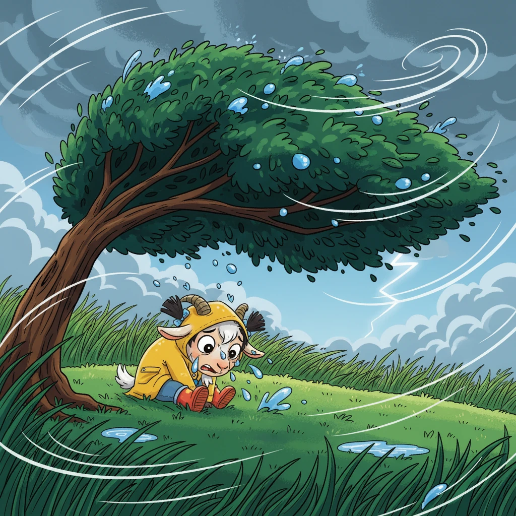Mei feels a shiver of fear as the first fat raindrops begin to fall, splattering on her nose. The wind howls louder, bending the trees, and a distant rumble of thunder echoes through the air. She bleats softly, feeling very small and lost.