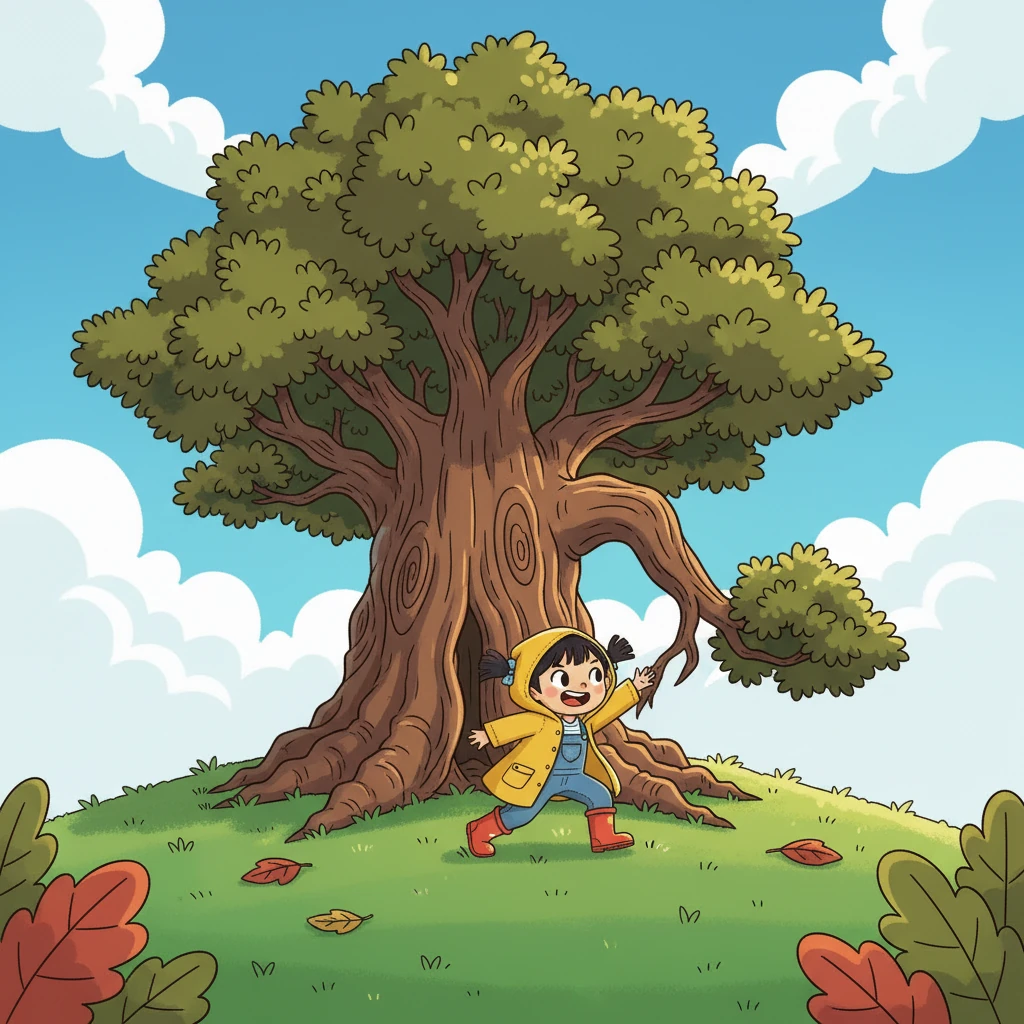 Scared but determined, Mei spots a giant, ancient oak tree with thick, gnarled branches reaching out like comforting arms. She scrambles quickly towards its wide trunk, finding a cozy, dry spot underneath its dense leaves. It feels like a safe haven from the storm.