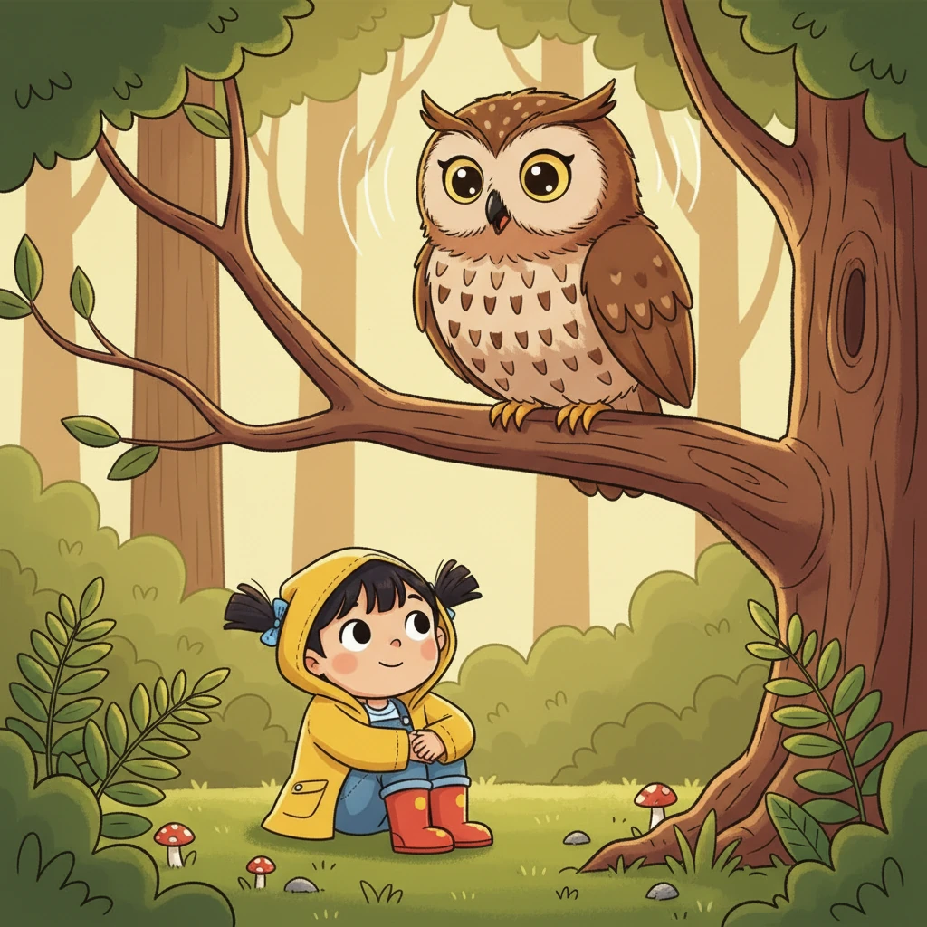 As Mei huddles, a fluffy, wise old owl with gleaming golden eyes peers down from a branch above. The owl hoots softly, a gentle, reassuring sound that seems to tell Mei everything will be alright. Mei feels a tiny bit less alone.
