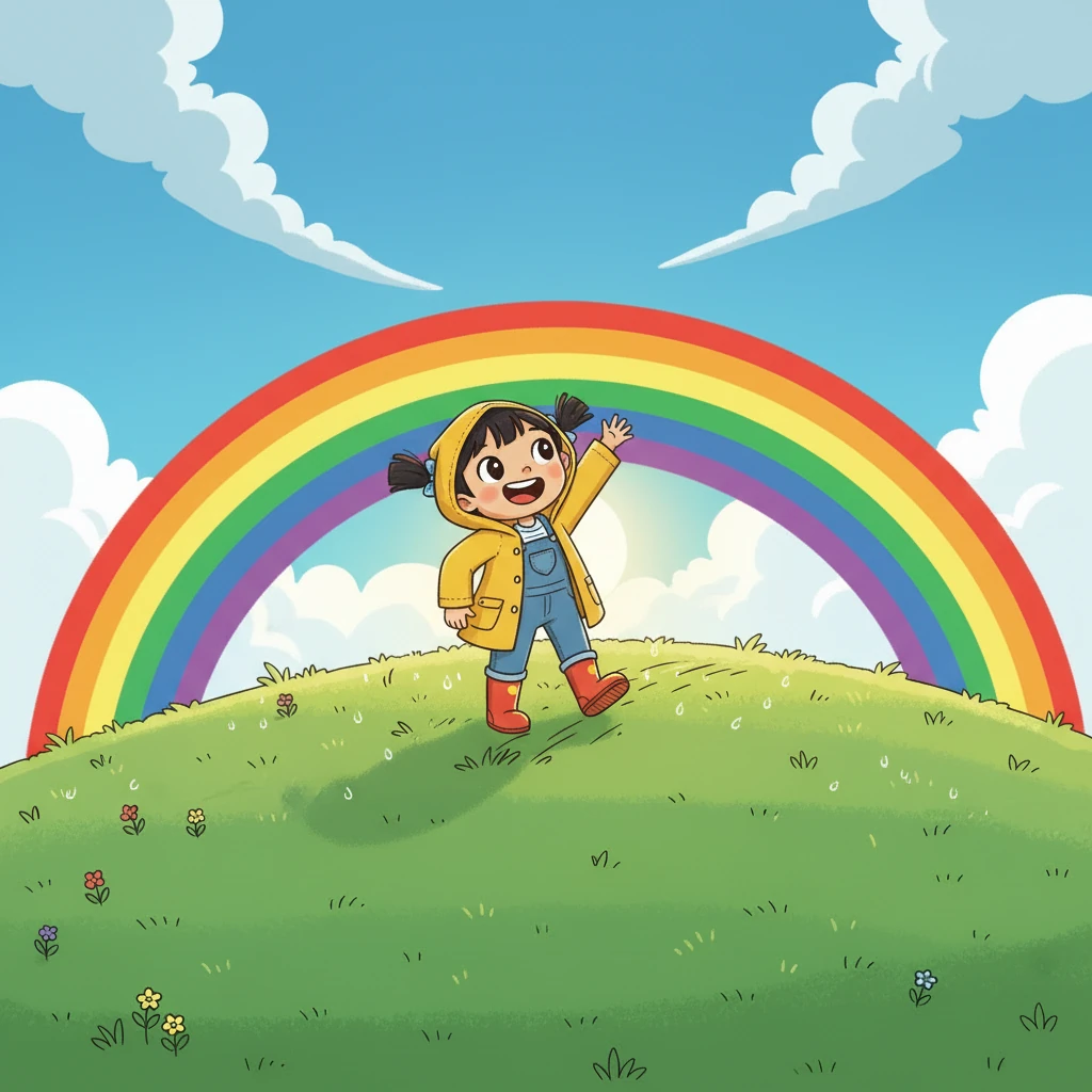 Slowly, the rain lessens, and the dark clouds begin to part, revealing patches of blue sky. A magnificent, colorful rainbow arcs across the horizon, painting the world with vibrant hues. Mei looks up, her eyes sparkling with renewed hope.