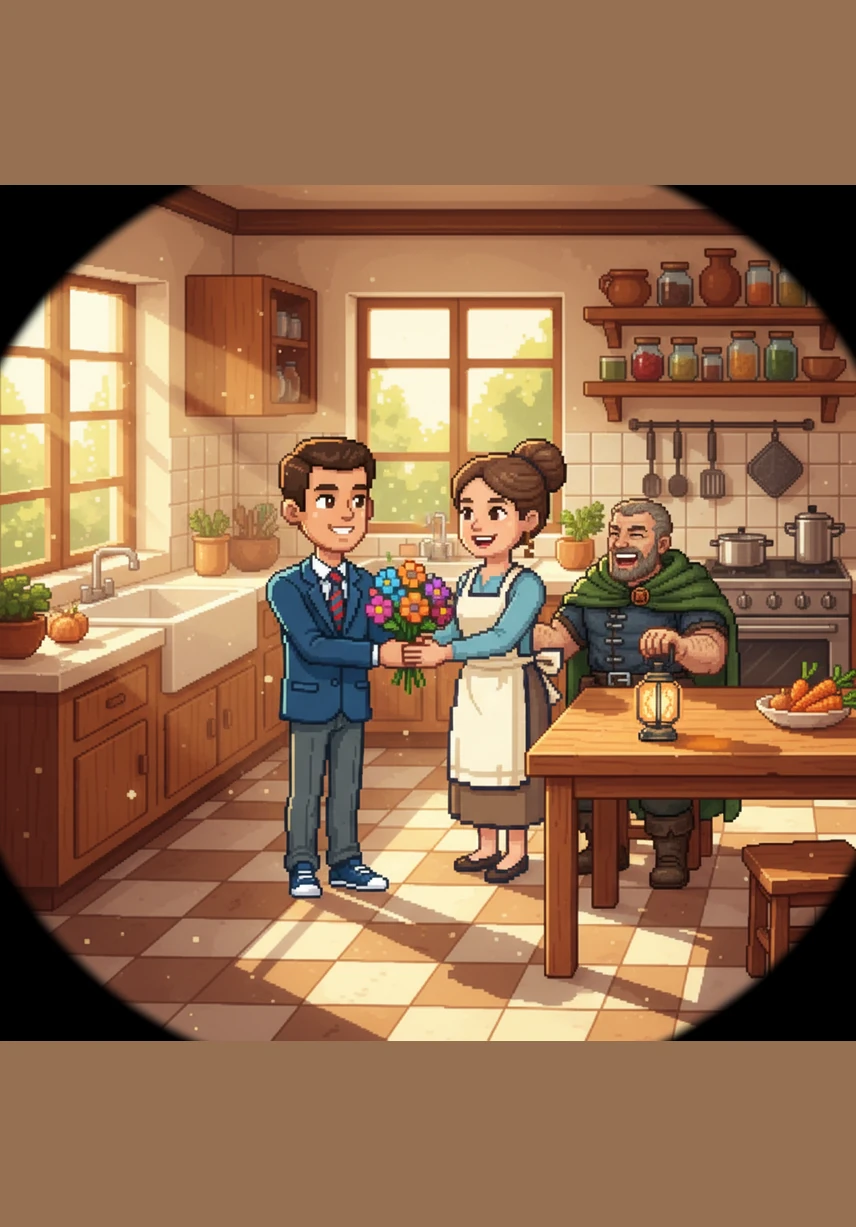 Back at home, Ali enjoys a nutritious breakfast of sliced fruit, fresh bread, and eggs. While his father sips on warm tea, Ali chooses a glass of clear water, knowing it is the best choice for his health.