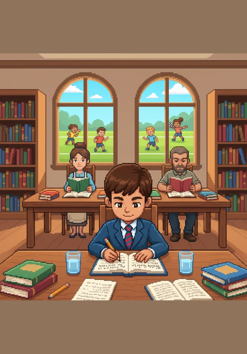 While his friends are shouting and playing football on the bright green field, Ali stays in the quiet library. He is focused on his homework, carefully writing down notes about the benefits of eating healthy vegetables.