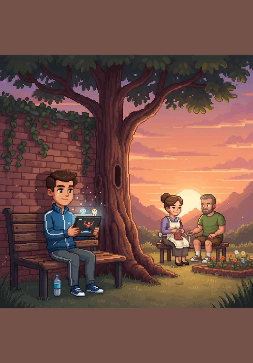 As the sun sets, Ali finds a quiet corner to watch a fitness video on his tablet. He watches closely to learn new exercises, excited to keep his body moving and his muscles growing strong.