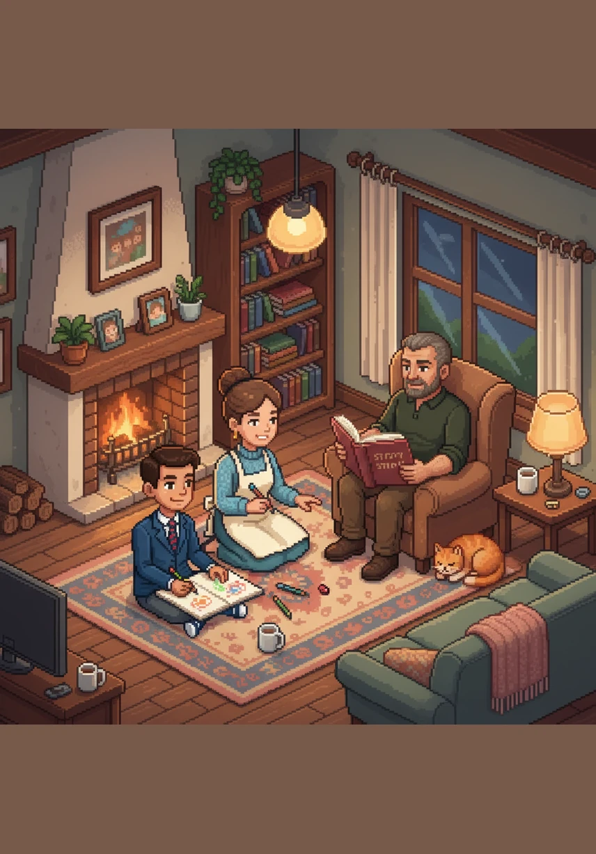 Even though it is a school night, the family gathers in the living room to talk and laugh together. They share stories of their day, feeling grateful for the time they spend as a close and loving family.