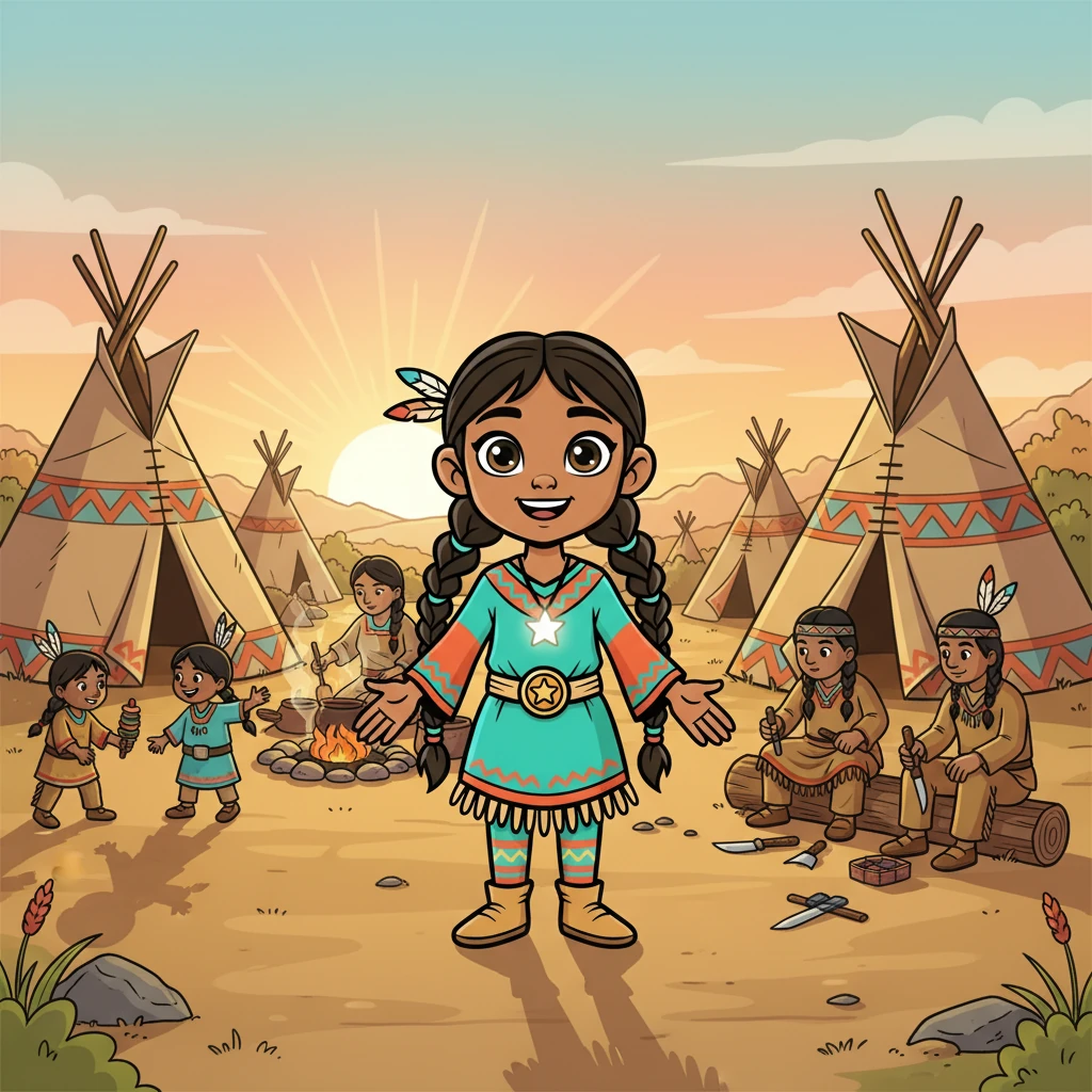 Morning Star walked outside her family's lodge. The village was already bustling with activity. Children played games, women prepared food, and men sharpened tools. Morning Star's heart filled with joy as she greeted the morning.