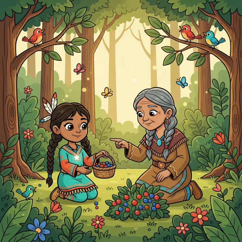 Her grandmother, a wise woman with kind eyes, showed Morning Star how to gather berries in the forest. The forest was alive with birdsong and the rustling of leaves. Morning Star carefully filled her basket, learning the names of each plant.