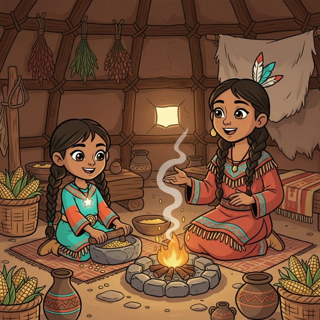 Later, Morning Star helped her mother prepare the day's meal. She learned to grind corn and tend to the fire. Her mother sang ancient songs, sharing stories of their ancestors and the land they loved.