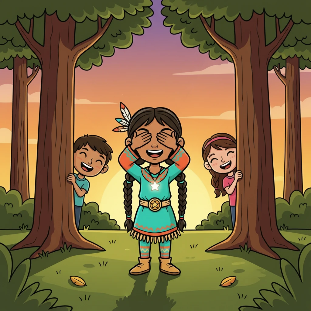 In the afternoon, Morning Star joined the other children in a game of hide-and-seek among the tall trees. Laughter echoed through the forest as they chased each other, their faces bright with happiness. The sun began to set, casting long shadows.