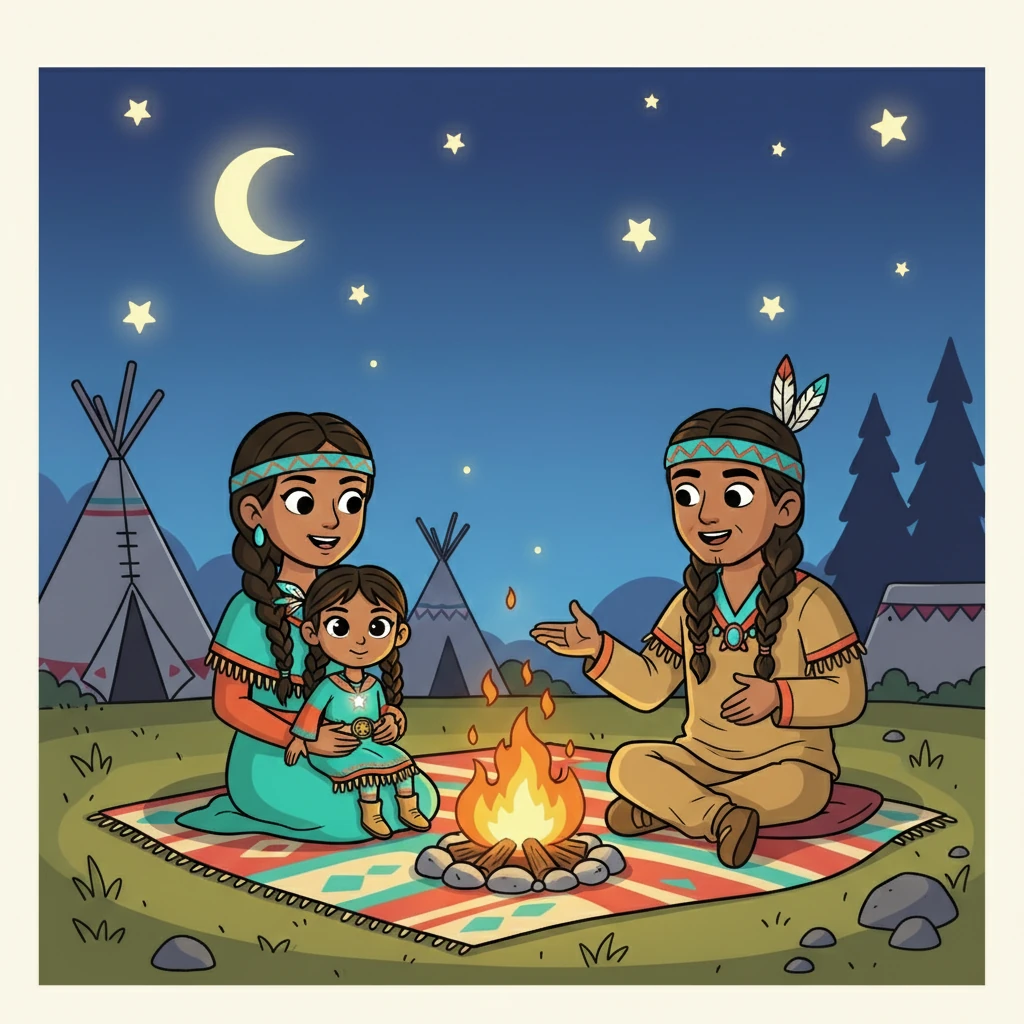 As the stars began to appear, Morning Star sat by the fire with her family. Her father told stories of the brave hunters and the spirits of the land. Morning Star, nestled in her mother's arms, felt safe and loved, ready for another day in her beautiful village.