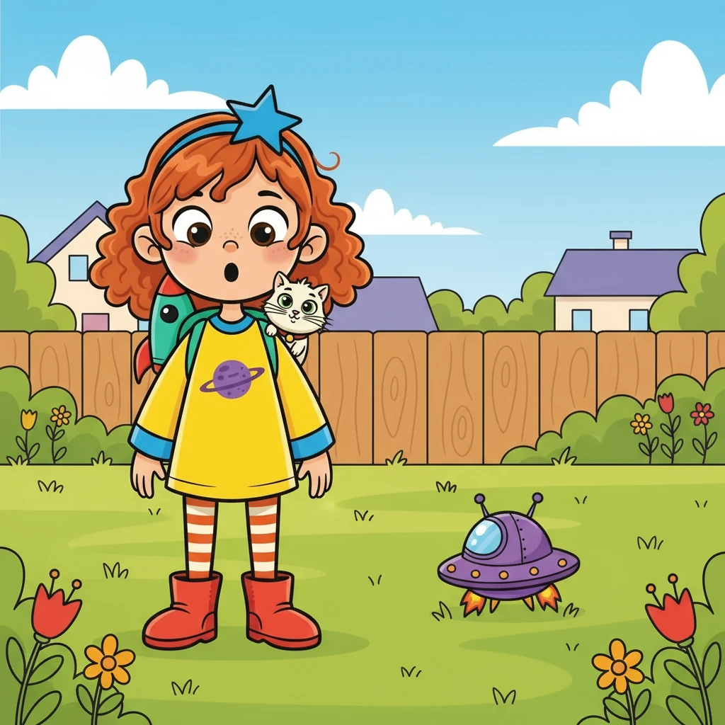 Miroslava loved her cat, Snejka. Snejka was fluffy and white. One day, Miroslava found a spaceship in her backyard! It was small and purple.