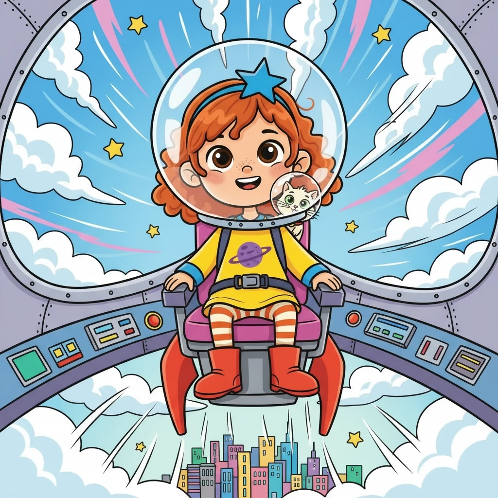 Miroslava and Snejka got into the spaceship. They put on their space helmets. Then, the spaceship went up, up, up into the sky!