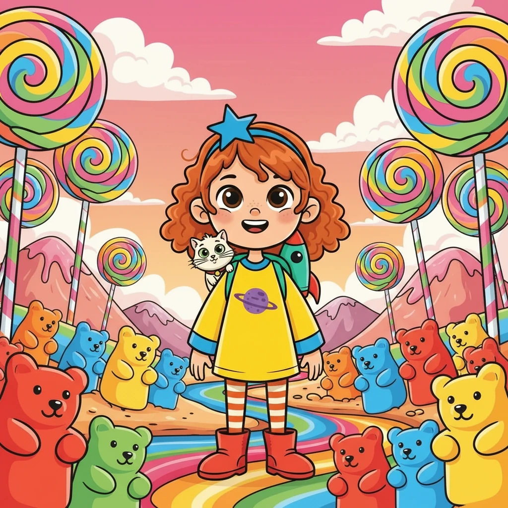 Their first stop was Planet Zorp. Zorp was made of candy! There were gummy bears and lollipop trees. Snejka loved the candy planet.