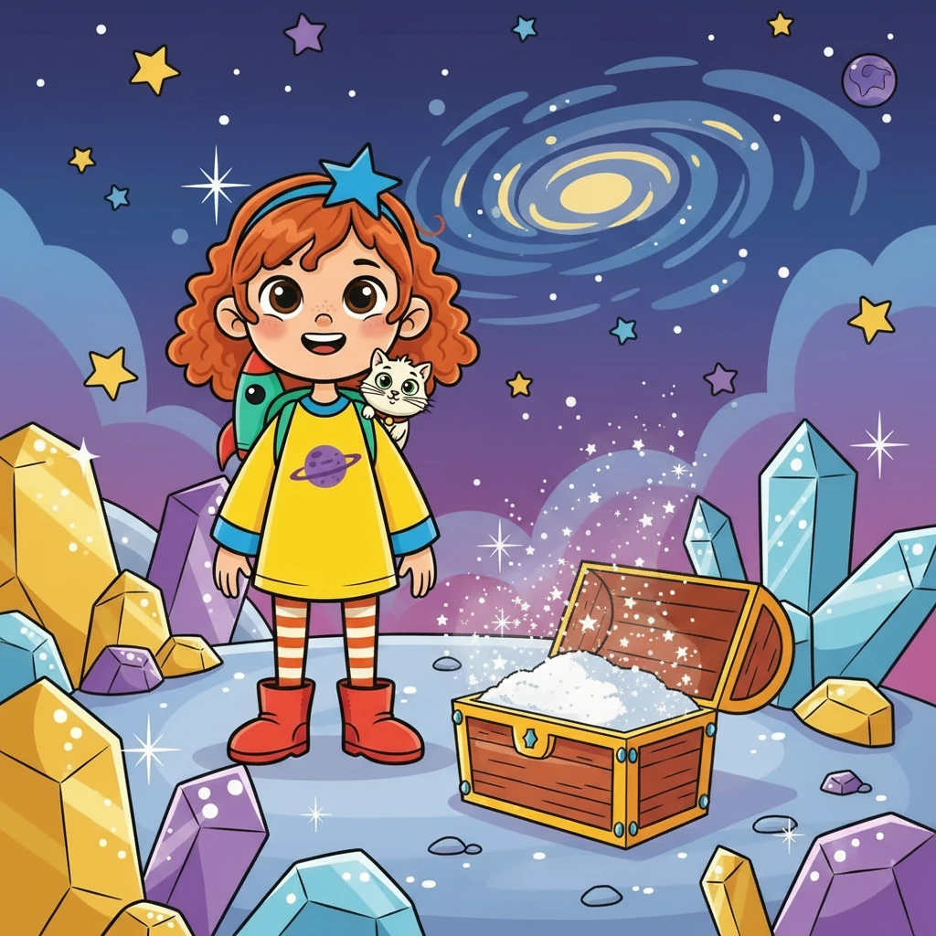 After Floof, they visited Planet Bling. It was a shiny planet with sparkling rocks. They found a treasure chest filled with star dust.