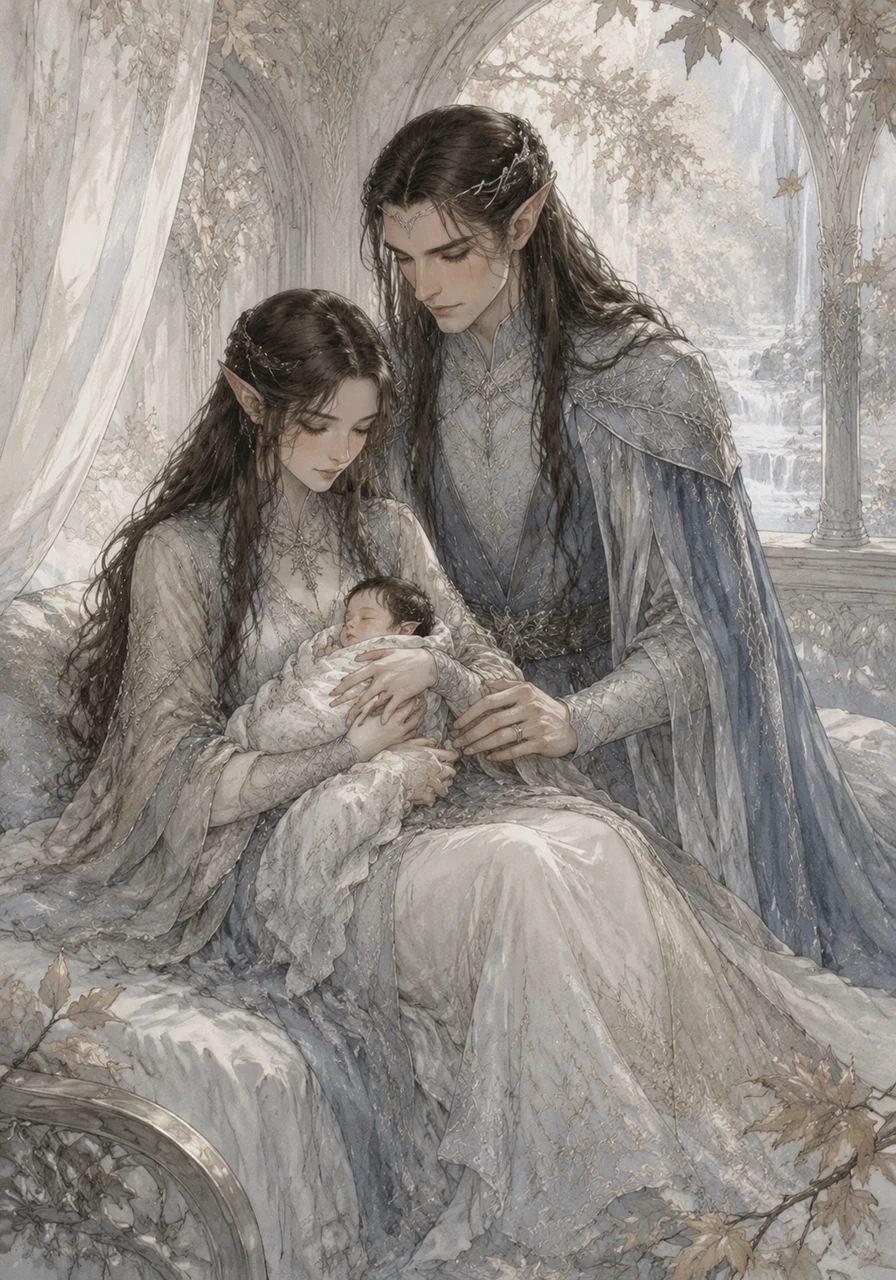 Linniel is born in the silver twilight of Imladris, three centuries after her sister Arwen. In the quiet halls of her father Elrond, she is cradled by her mother Celebrian, her arrival marked by the soft rustle of autumn leaves and the distant song of the Bruinen.
