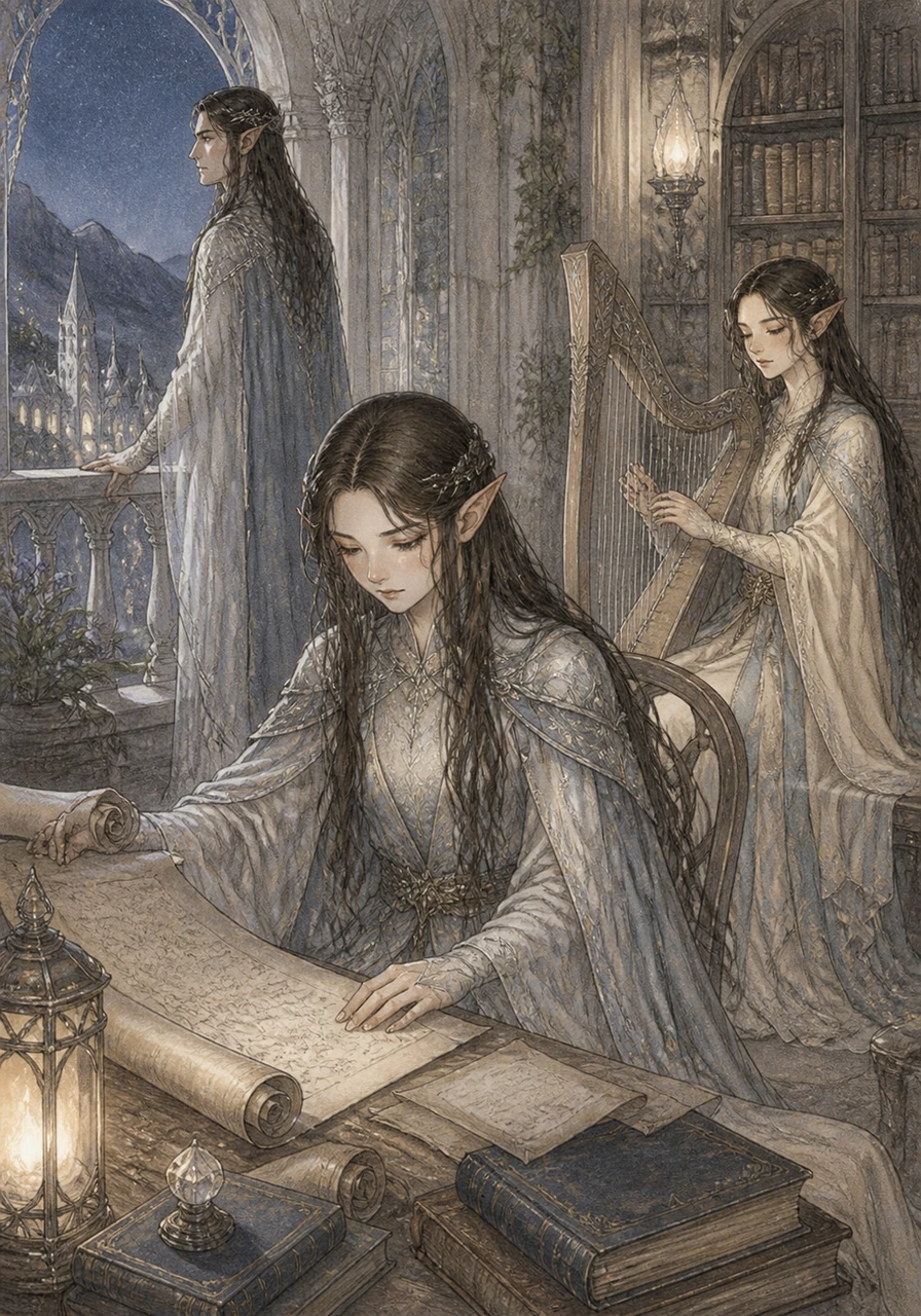 As a young elf, Linniel finds her sanctuary in the vast libraries of Rivendell and the open balconies where the night breeze kisses her cheeks. While her brothers hunt, she loses herself in ancient scrolls and the haunting melodies of the harp, preferring the company of books to the bustle of the court.