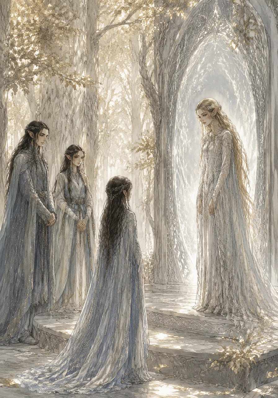 On a journey to the Golden Wood, Linniel walks among the towering mallorn trees of Lothlórien, feeling a deep, ancestral pull to her mother’s home. She stands small and silent before Lady Galadriel, absorbing the timeless magic of the forest and the silver light of the Mirror.