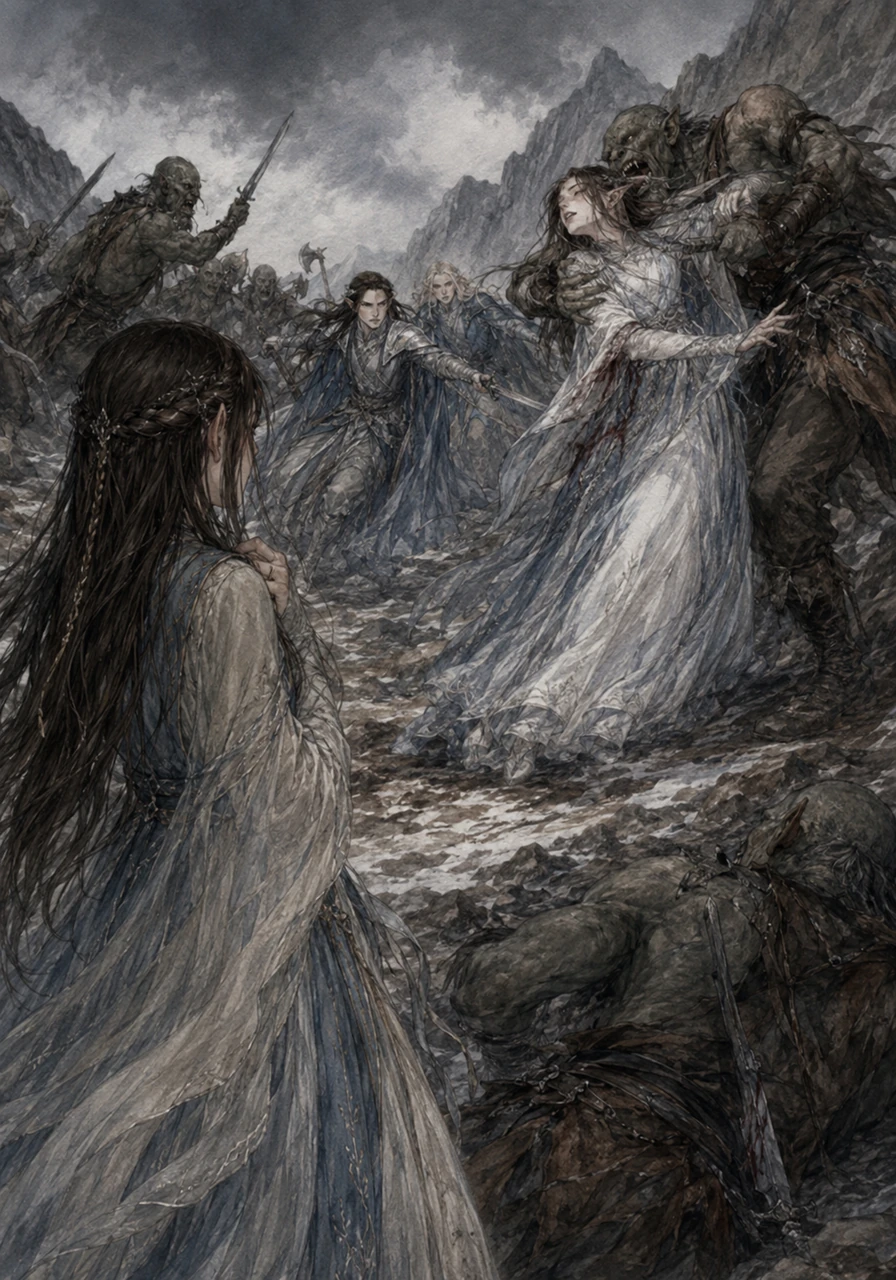Darkness strikes when an orc ambush tears Celebrian away from her family during a mountain crossing. Linniel watches in frozen horror as her brothers rescue their broken mother, a moment that plants a seed of fierce, protective rage within her quiet soul.