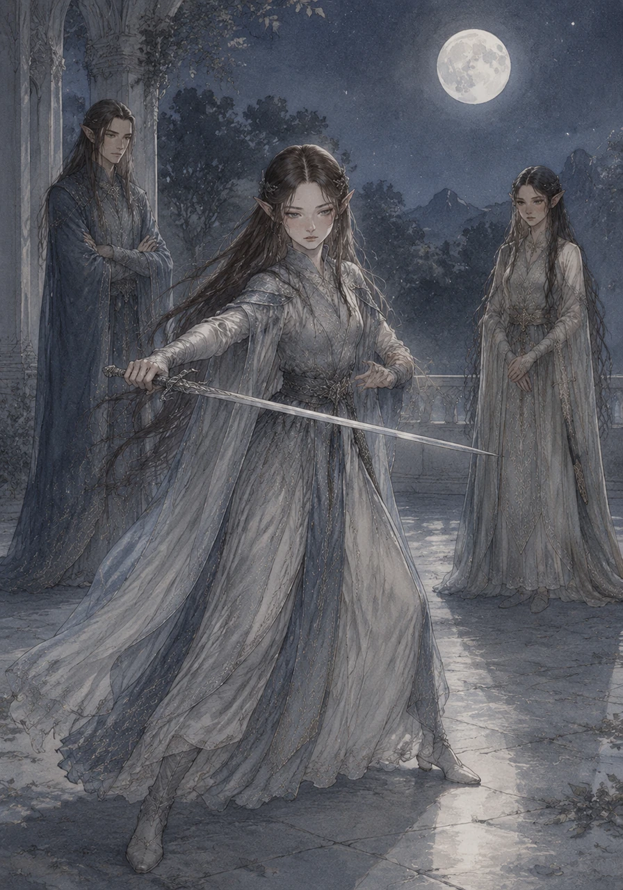 Under the silver moonlight, Linniel practices with a slender blade, her movements graceful yet hesitant. She loathes the thought of ending a life, even one as foul as a spider of Mirkwood, yet she trains until her hands ache to ensure she can defend her home.