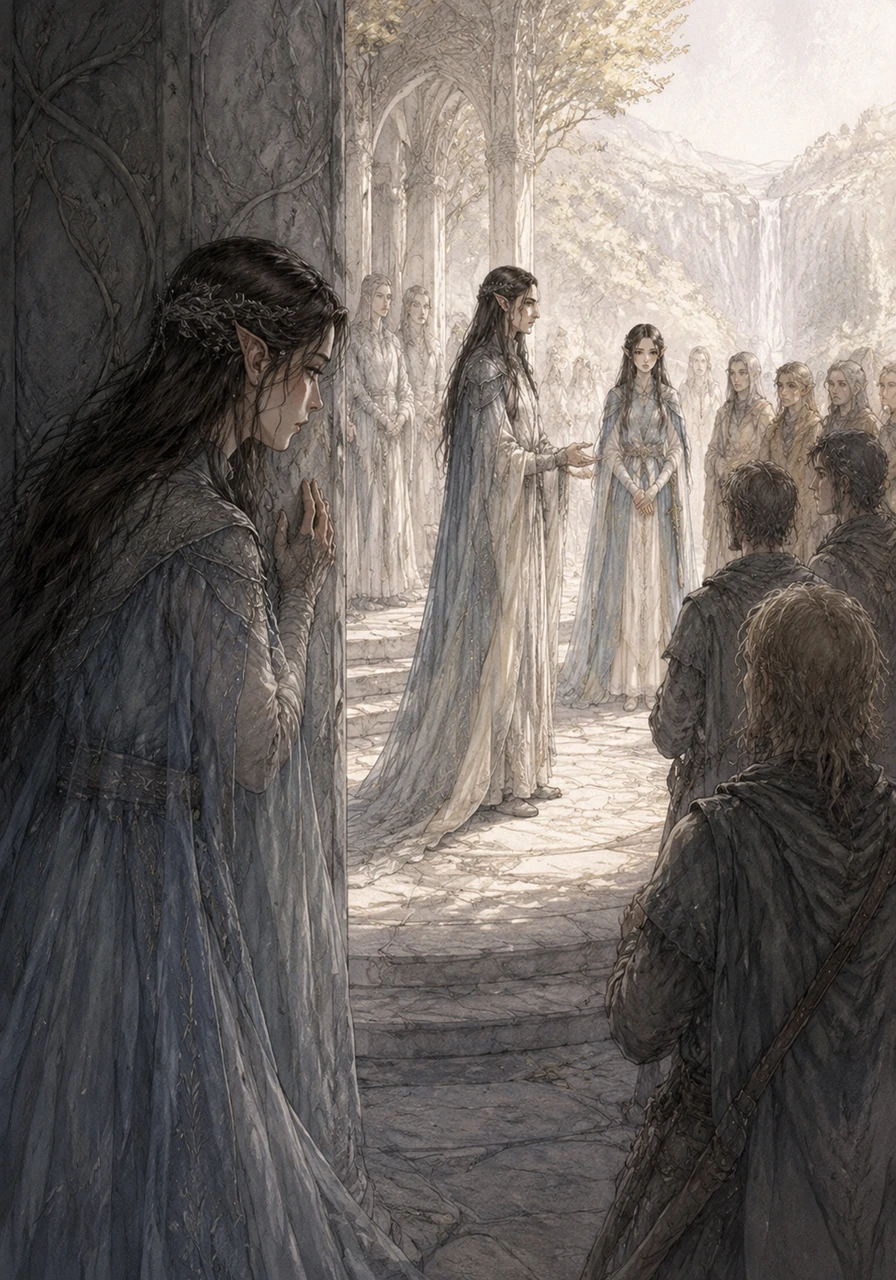 The Council of Elrond brings many strangers to the Hidden Valley, and Linniel watches from the shadows of the pillars. She feels the shifting tides of the world and the heavy burden her sister Arwen carries, her heart breaking at the thought of their family being scattered.