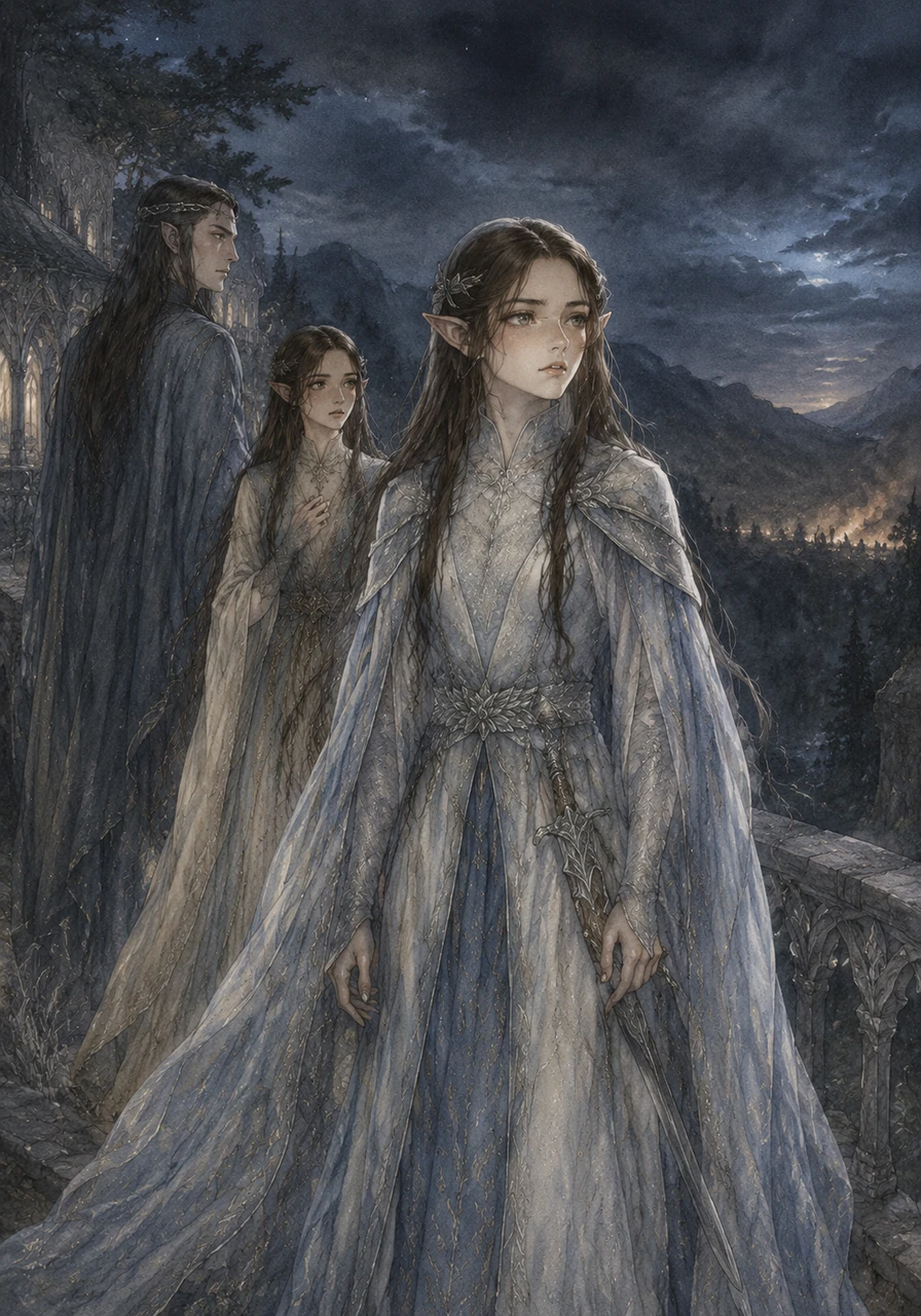 As the War of the Ring looms, Linniel stands guard on the borders of Imladris, the cool night air filled with the scent of pine and impending storm. Though she fears the violence, her love for her land and her family gives her the strength to face the encroaching darkness.