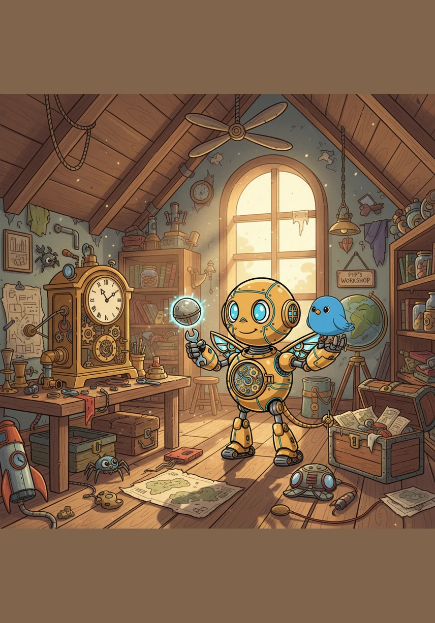 Pip wakes up in a cluttered attic filled with old gears, ticking clocks, and dusty books. While exploring a corner, he finds a shimmering golden seed tucked inside a rusty music box. The seed glows with a soft light, sparking a sense of wonder in Pip's mechanical heart.