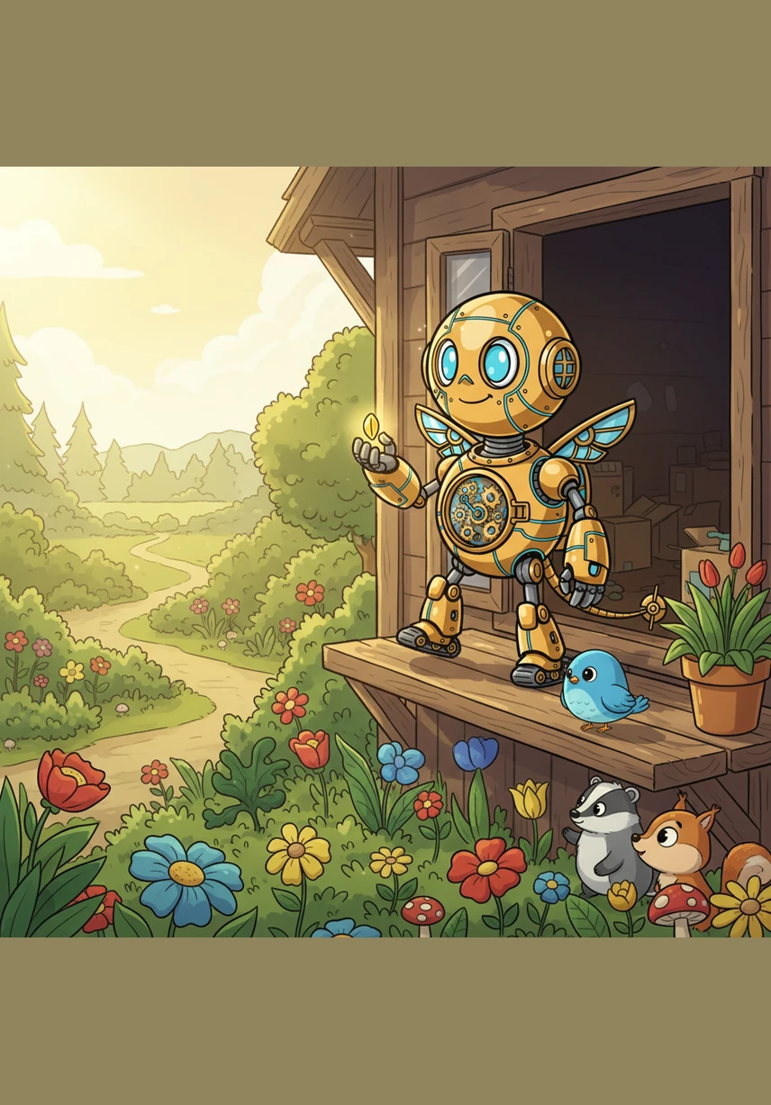 Determined to see what the seed will become, Pip steps out of the attic for the very first time. The bright morning sun glints off his metallic shell as he gazes at the vast, colorful world waiting for him. He holds the golden seed tightly, ready for a grand adventure.