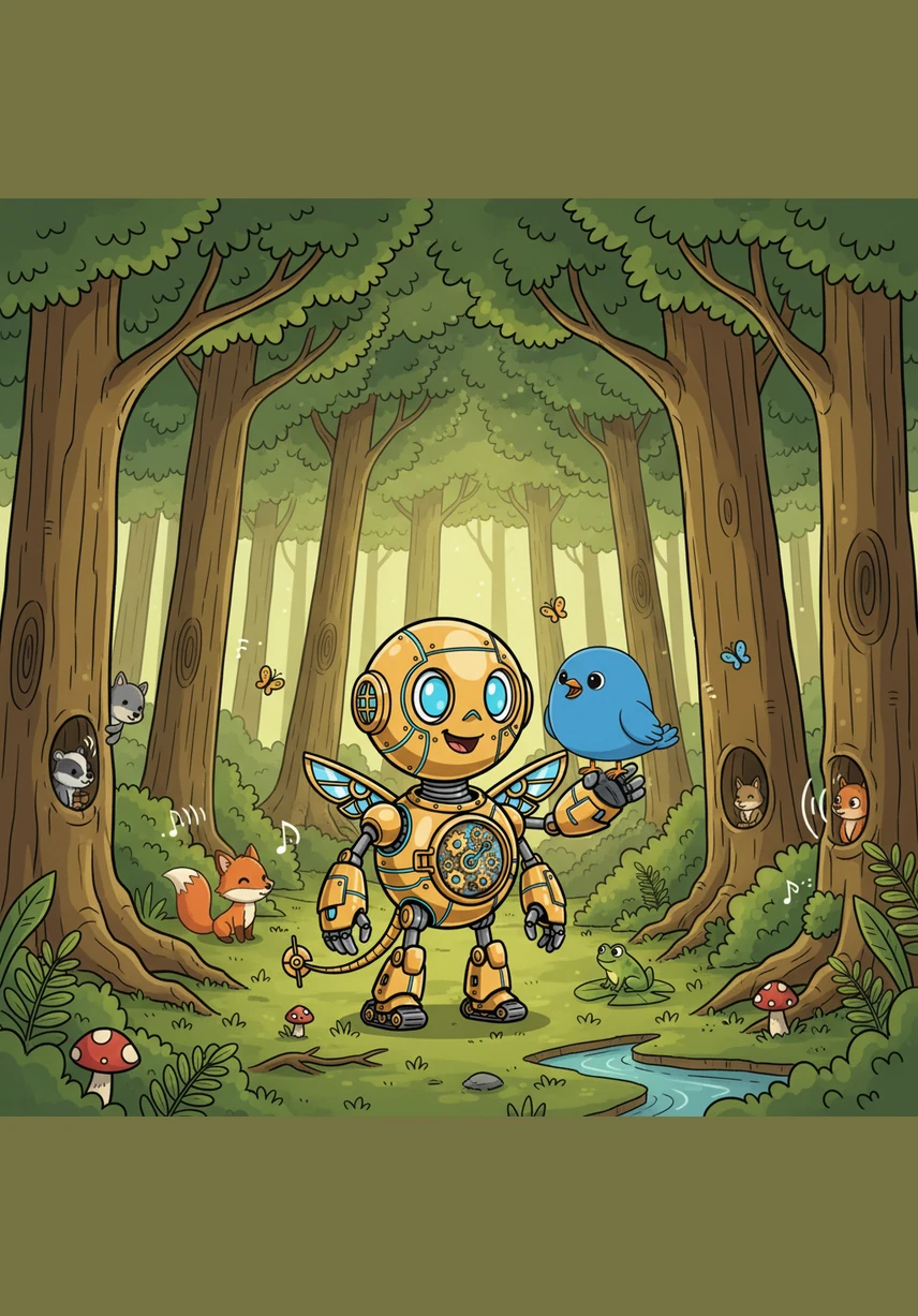 Pip wanders into a lush, green forest where the trees are so tall they seem to touch the clouds. A friendly blue bird lands on his shoulder, chirping a happy melody that seems to guide him deeper into the woods. The forest is full of strange and wonderful sounds that Pip has never heard before.