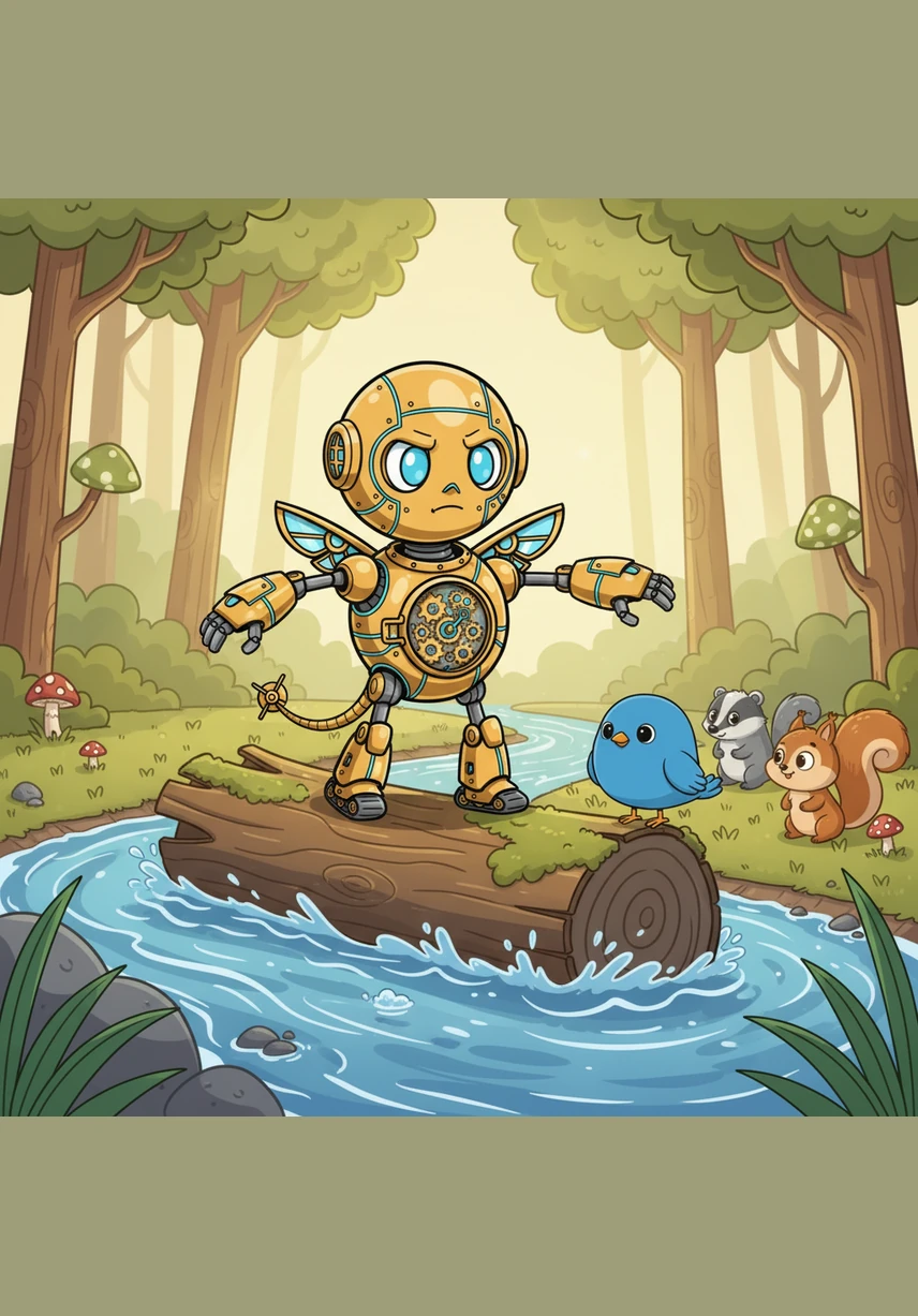 He reaches a wide, bubbling stream and pauses, knowing that water and gears do not mix well. Pip carefully balances on a mossy fallen log, using his long arms to keep steady as he crosses to the other side. He breathes a sigh of relief when his feet touch the dry grass once again.