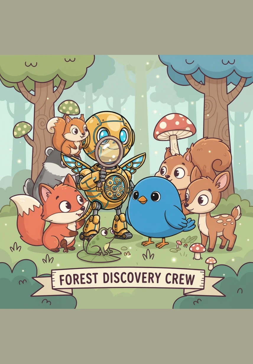 In a sunny clearing, Pip meets a group of curious forest animals who gather around their new metallic friend. He shows them the golden seed, and though they speak different languages, they share a moment of quiet friendship. The animals nudge him toward a high hill, sensing the seed's special destiny.