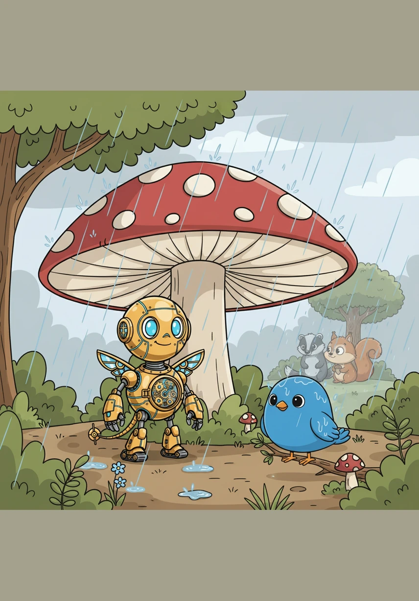 A sudden rain shower begins to fall, and Pip quickly finds shelter under the cap of a giant, spotted mushroom. He watches the raindrops nourish the plants around him, realizing how important care and patience are for growth. The sound of the rain against the mushroom creates a peaceful rhythm that calms his sensors.