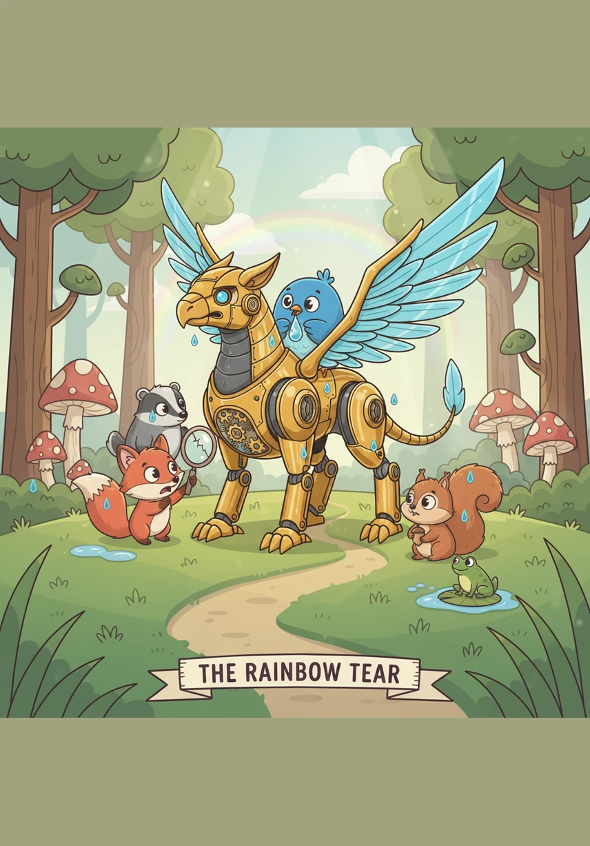 After the rain stops, a magnificent rainbow stretches across the sky, leading Pip to the top of a grassy hilltop. From here, he can see the entire valley bathed in a golden afternoon light. He knows in his circuits that this is the perfect place for his treasure to grow.