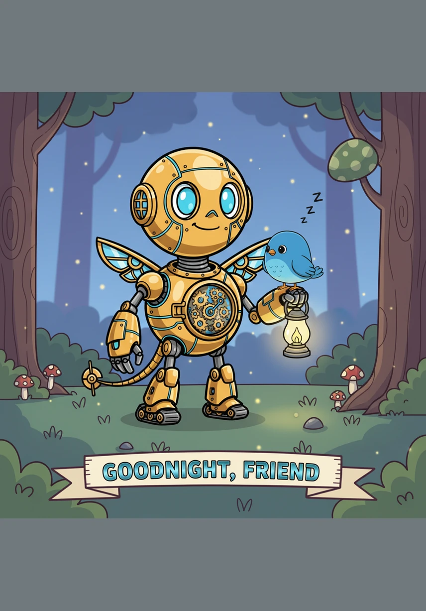Pip carefully digs a small hole in the soft, moist earth and gently places the golden seed inside. He covers it with soil and uses his internal heater to keep the ground warm during the cool evening. He decides to stay right there, watching over the spot as the stars begin to twinkle overhead.