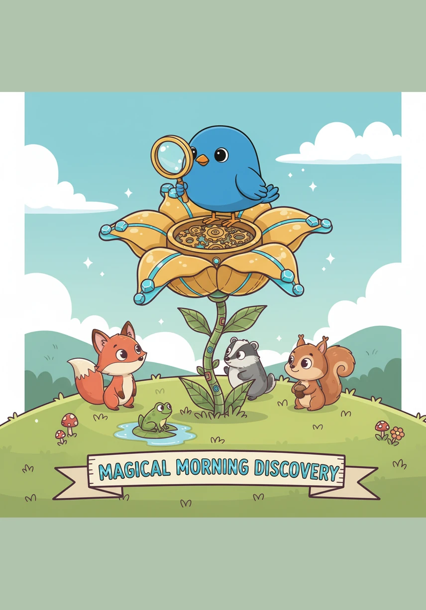By the next morning, a magnificent mechanical flower has sprouted, with petals that glow like soft neon lights. It is a beautiful blend of nature and technology, attracting butterflies that dance around its shimmering leaves. Pip watches in awe as his small seed transforms the hilltop into a magical space.