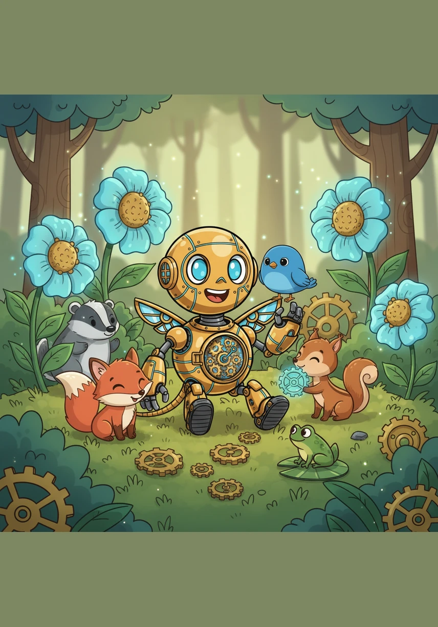 Pip realizes he is no longer just a lonely robot from a dusty attic; he is now the guardian of the mechanical garden. He sits happily among the glowing flowers, finally finding the place where he truly belongs. The forest animals join him, celebrating the new life that Pip brought into their world.