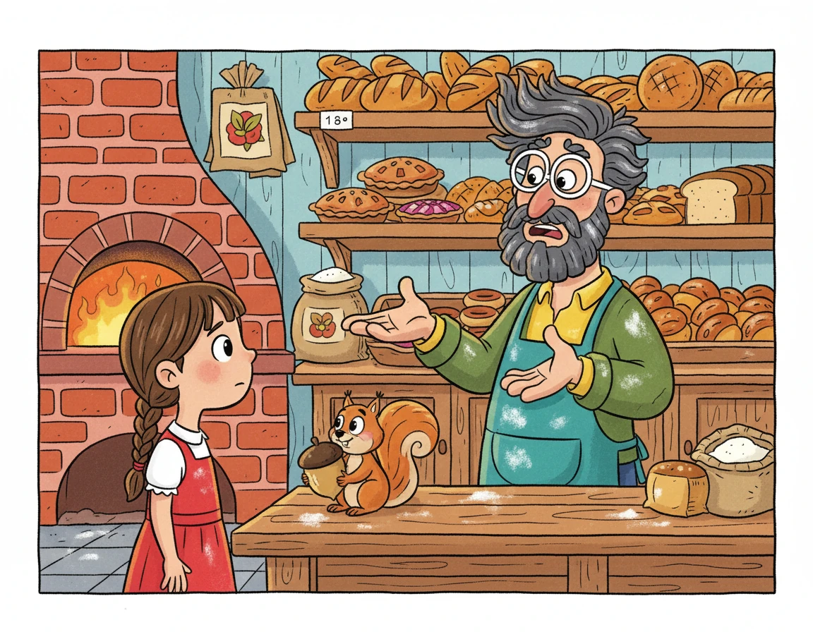 Elara hurried to the baker's shop. The baker, with flour dusting his apron, told her, "I said, 'There are plenty of acorns!'" He was confused by Nutsy's statement.