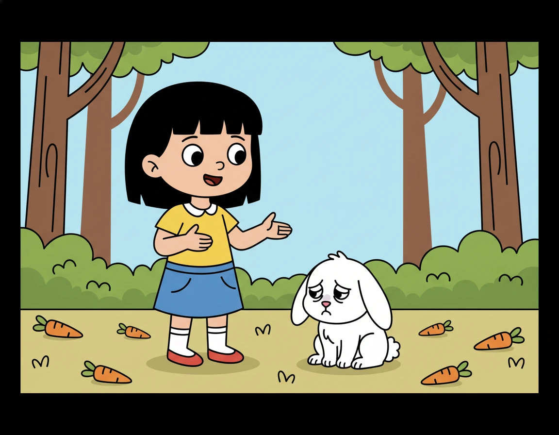 Elara returned to the bunny and explained, "The fox said he wished he had some carrots." The bunny, now understanding, looked ashamed.