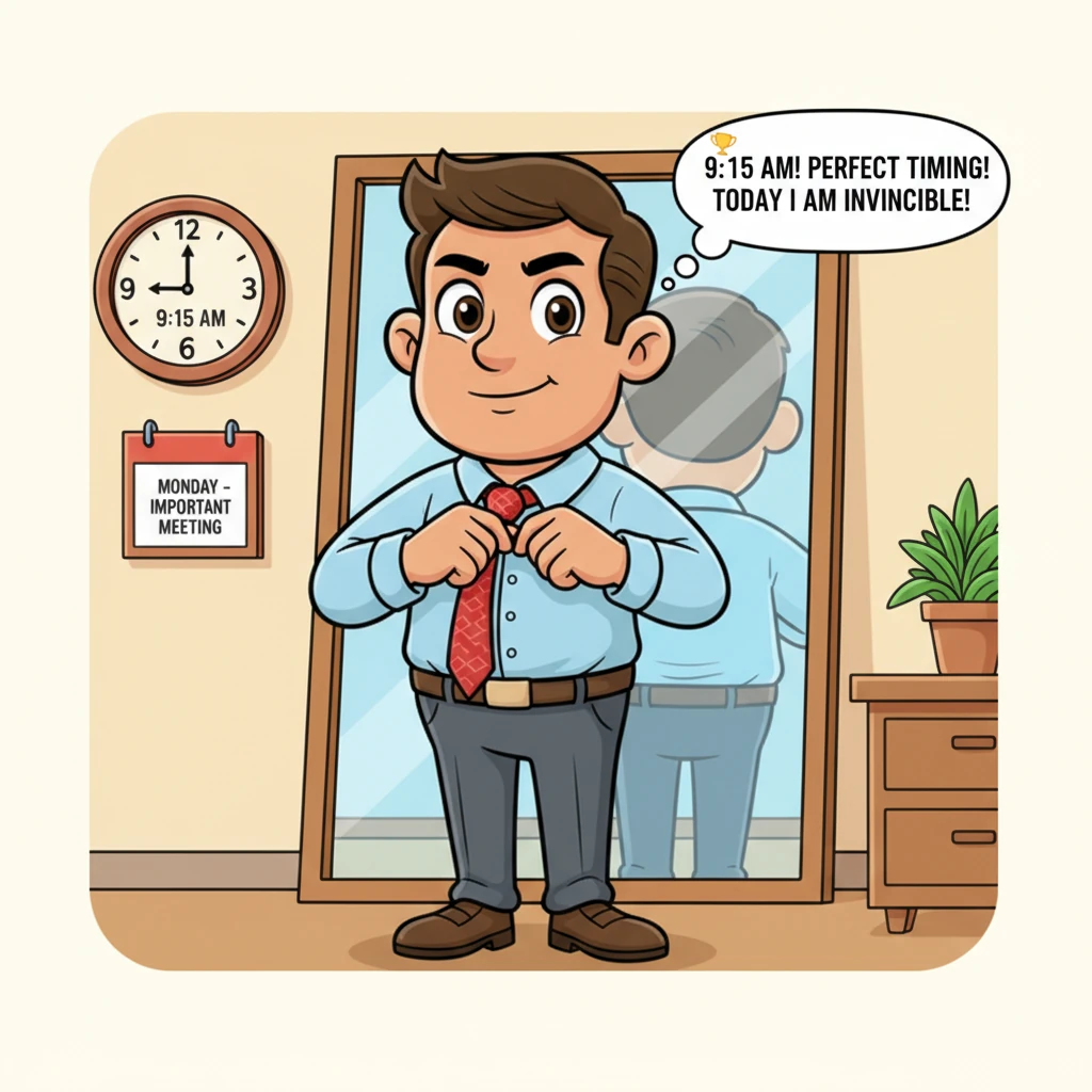 Akshay stands before the mirror, his fingers expertly tying his tie, a symbol of his crucial meeting. His formal shirt is crisp, reflecting his seriou