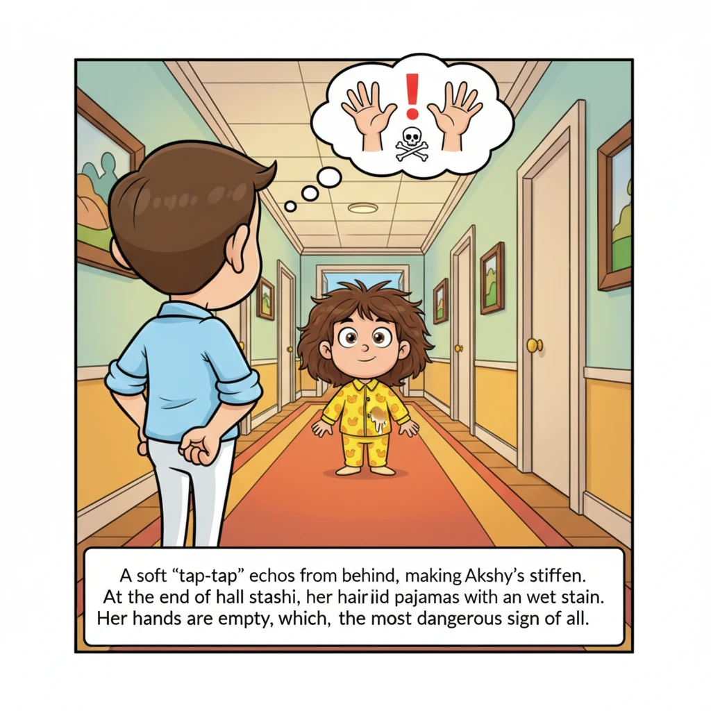 A soft 'tap-tap' echoes from behind, making Akshay's spine stiffen. At the end of the hall stands Taashi, her hair wild and spread out, wearing duck p