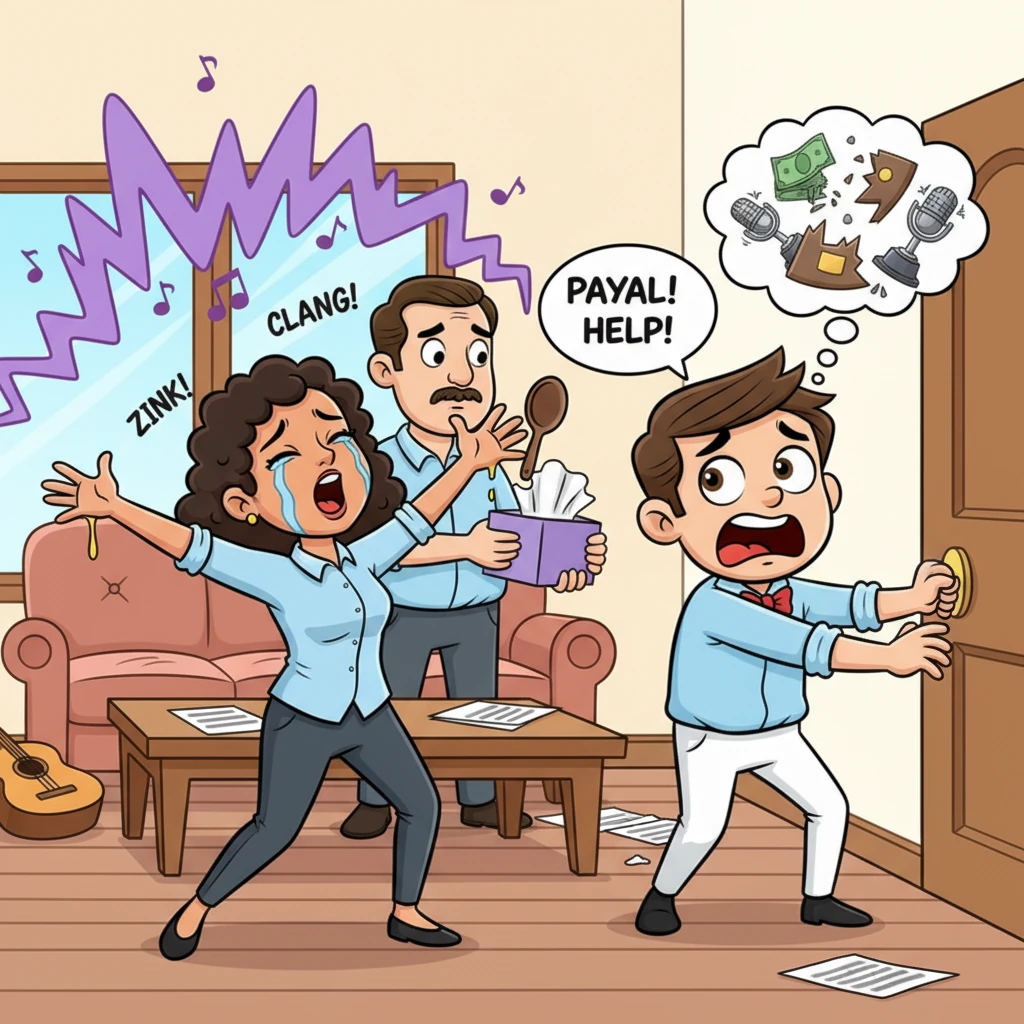 Akshay, near tears, reaches for the door handle as Taashi continues her musical assault. She advances dramatically with outstretched arms, like a trag