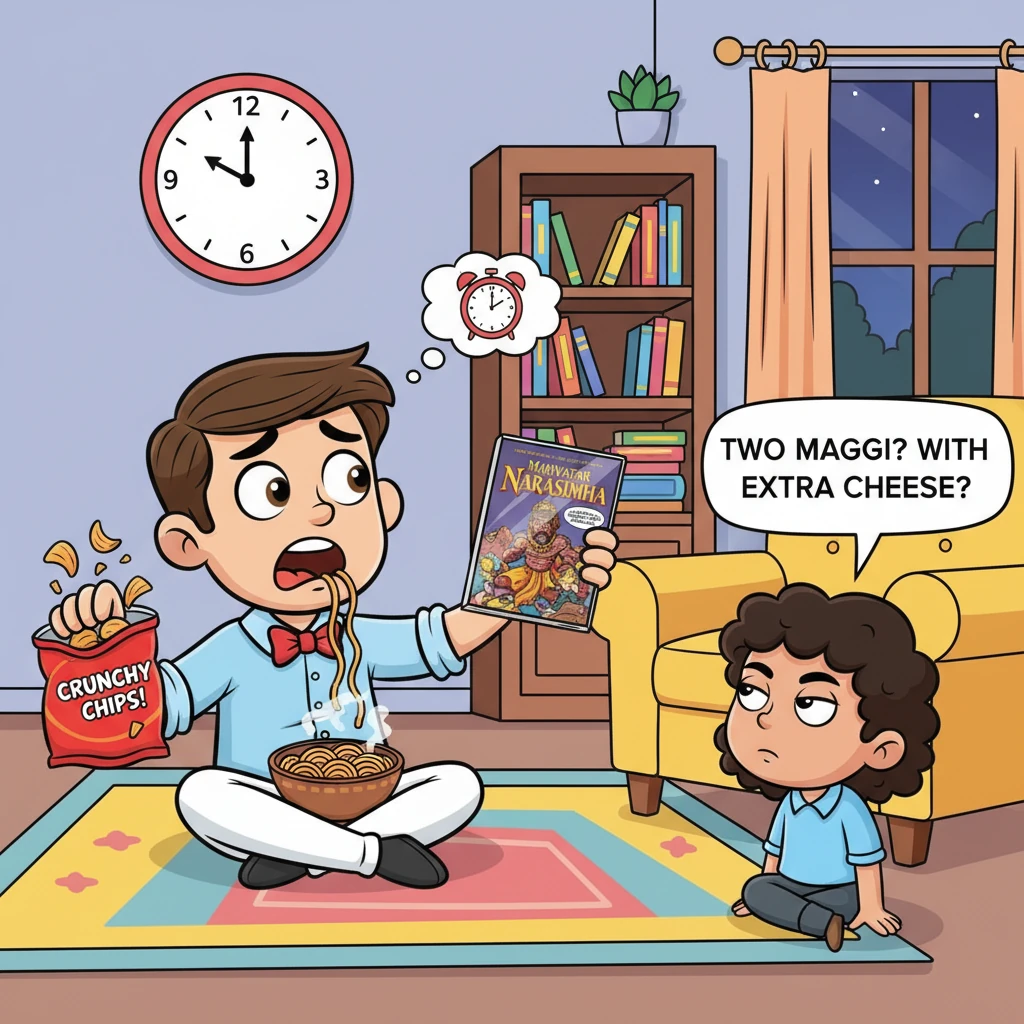Akshay checks the clock—9:30. Desperate, he tries to bribe Taashi with chips and 'Mahavatar Narasimha' while eating Maggi. Taashi's eyes narrow, looki