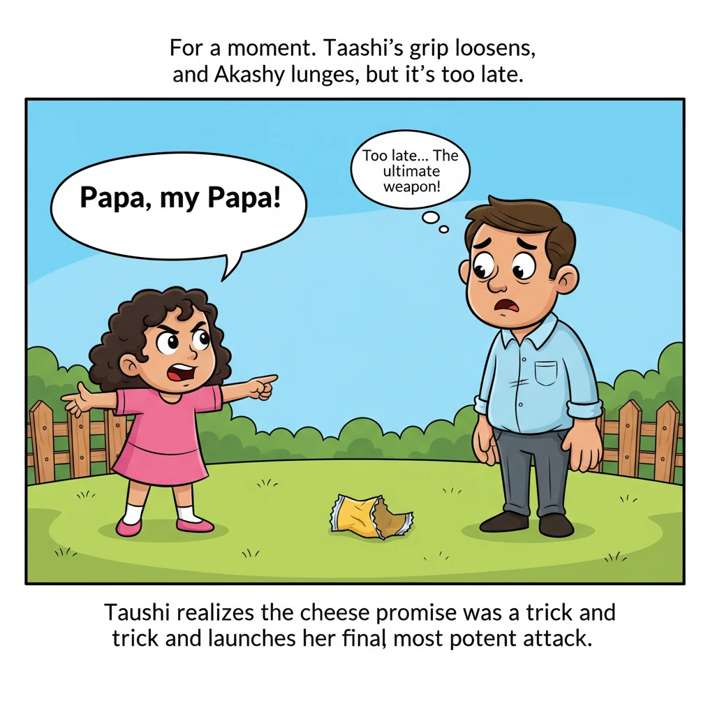 For a moment, Taashi's grip loosens, and Akshay lunges, but it's too late. Taashi realizes the cheese promise was a trick and launches her final, most